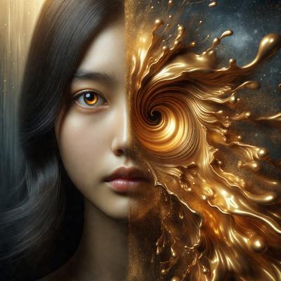 The primary subject of the image is a woman with a unique and artistic appearance. She is depicted with a mix of gold and brown colors, giving her a striking and eye-catching look. The setting is a background featuring a swirling pattern, which adds to the overall visual style of the image. The woman's face is prominently displayed, and her eyes are painted with a gold color, further enhancing her distinctive appearance. The combination of the woman's face, the swirling pattern, and